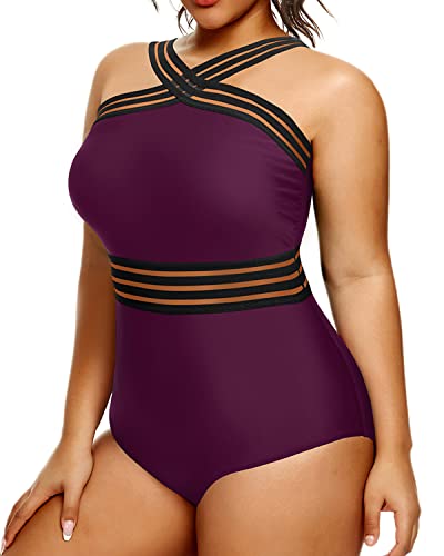 Plus Size One Piece Swimsuits Tummy Control High Waisted Full Coverage Monokinis-Maroon