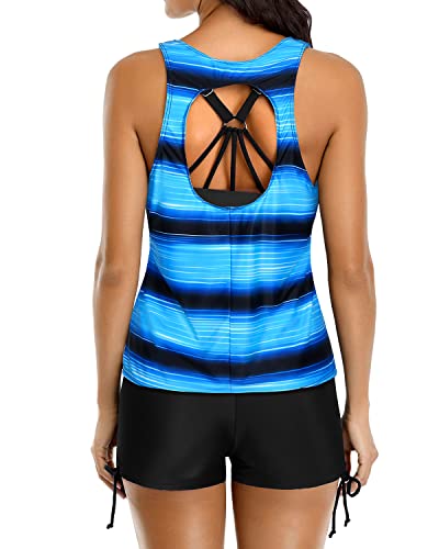 Athletic Tankini Swimsuit Set Push Up Bra & Mid Waist Boyleg Bottoms-Blue And Black Stripe