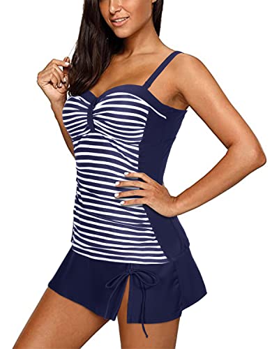 Women's Retro Bathing Suit Ruched Tankini Top And Skirted Bottom-Blue Stripe