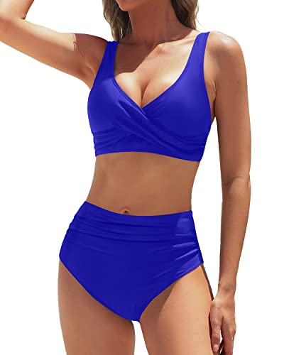 Ruched Tummy Control Two Piece High Waisted Bikini Set For Women-Royal Blue