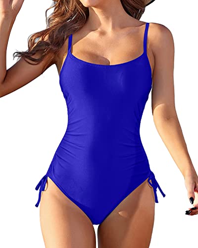 Adjustable Drawstring 1 Piece Swimwear Tummy Control Bathing Suit-Royal Blue