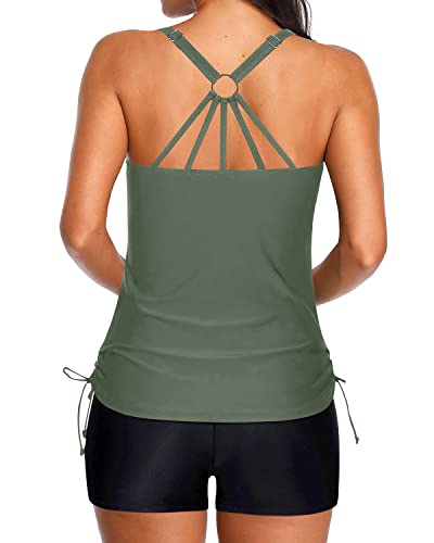 Drawstring Tie Side Tummy Control Two Pieces Tankini Bathing Suits-Olive Green