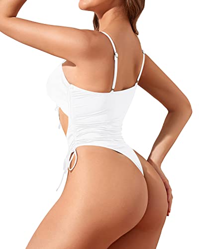 Spaghetti Shoulder Straps Removable Bra Thong Swimsuit For Women-White