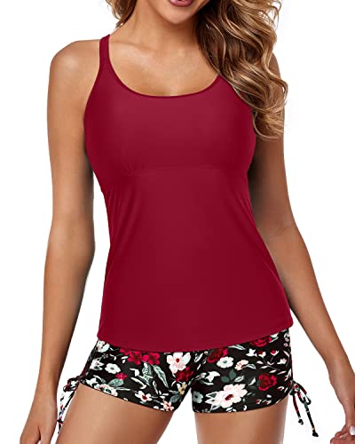 Sporty Tummy Control Tankini Swimsuits Boy Shorts-Red Floral