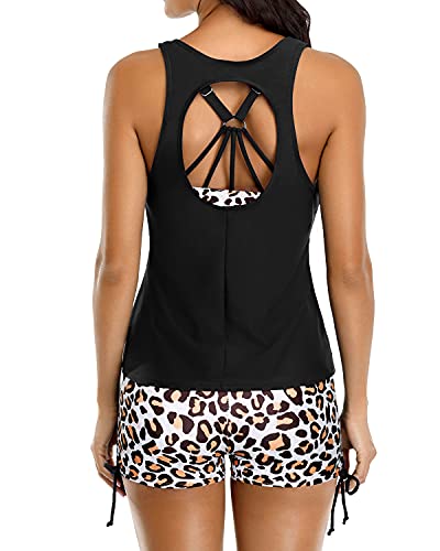 Women's 3 Piece Tankini Swimsuit Set Boyshorts And Sports Bra-Black Leopard