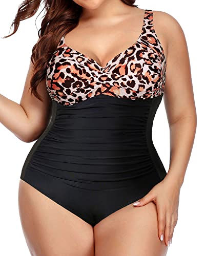 Plus Size One Piece Swimsuits Tummy Control For Curvy Women-Black And Leopard
