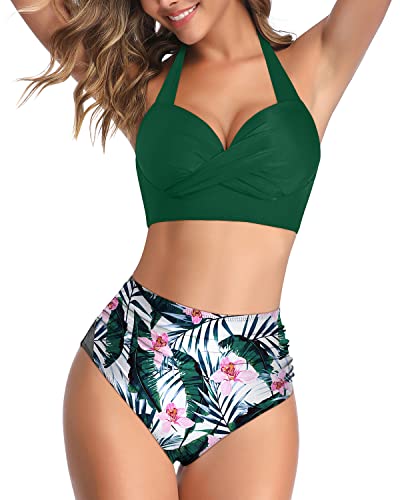 Push Up Ruched High Waisted Bikini Swimsuit Vintage Halter Twist Front Swimwear-Green Tropical Floral