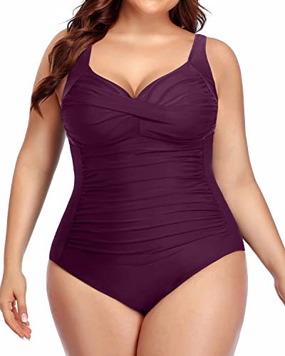 Twist Front Ruched Cross Swimsuits For Curvy Women-Maroon