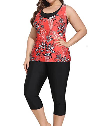 Athletic Bathing Suits For Women Plus Size Tankini Tops And Swim Capris-Red Floral