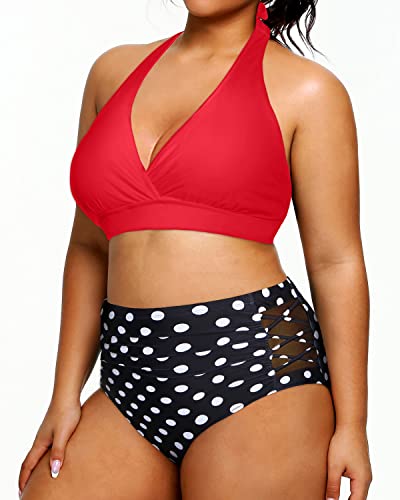 High Waisted Two Piece Plus Size Halter Bikini Swimsuits For Curvy Women-Red Dot