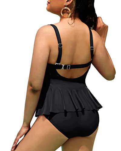 Women's Plus Size 2 Piece Tankini Swimsuits Tummy Control Bathing Suits-Black