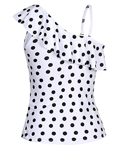 Push Up Bra One Shoulder Tankini Top Flirty Ruffle Detail-White Dot