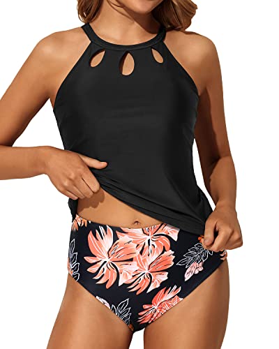 Stylish High Neck Two Piece Tankini Swimsuit Keyhole Design-Black Orange Floral