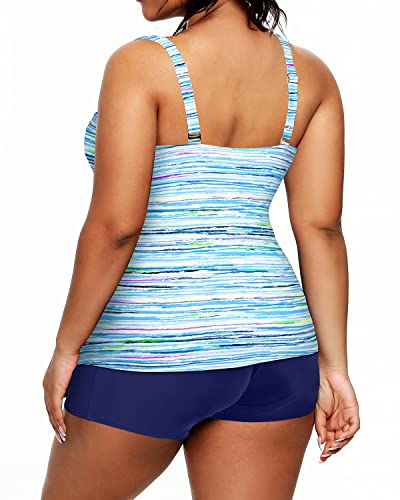 Women's Plus Size Adjustable Shoulder Straps Tankini Swimsuit-Blue Striped
