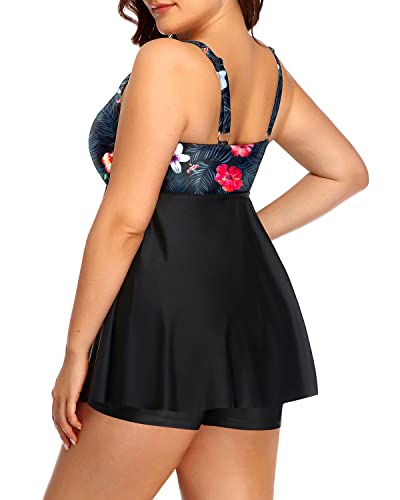 Tankini Swimsuits Shorts And Tummy Control For Women-Black Floral