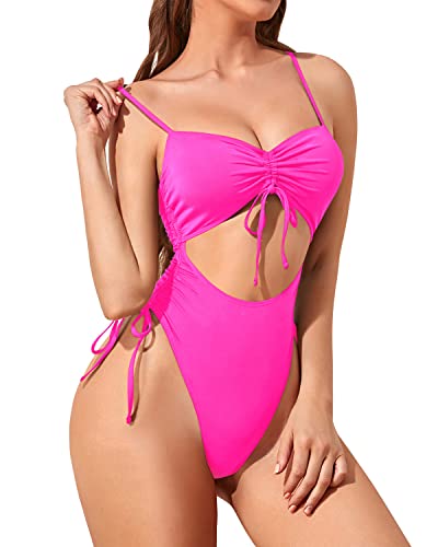 Ruched High Waist Tummy Control Thong Swimsuit For Women-Neon Pink