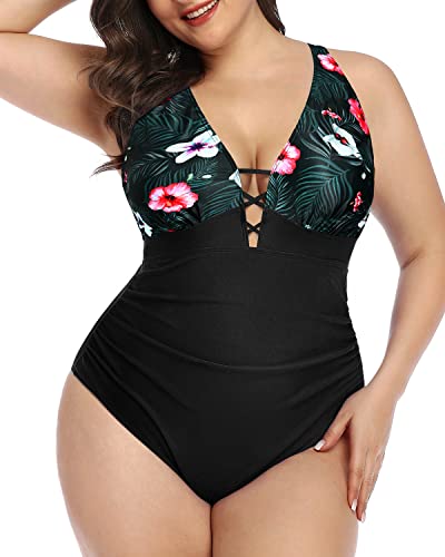 High Waisted Line Plus Size Ruched One Piece Swimsuit-Black Floral