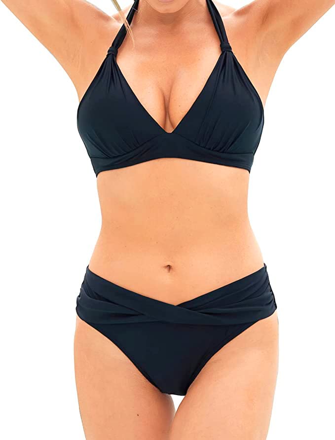 Retro Two Piece Bathing Suits Push Up Bikini Set Halter Swimsuit Vintage Swimwear-Black