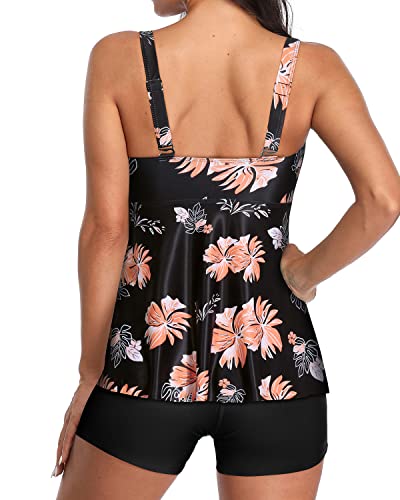 Modest Flowy Tankini Bathing Suits V Neck Swim Tops For Women-Black Orange Floral