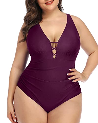 Deep V Neck Lace Up Plus Size Slimming One Piece Swimsuit-Maroon
