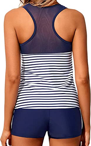 Sporty Tummy Control Tankini Swimsuits For Teens-Blue White Stripe