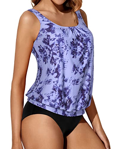 Two Piece Loose Fit Modest Tankini Bathing Suits For Women-Blue Tie Dye