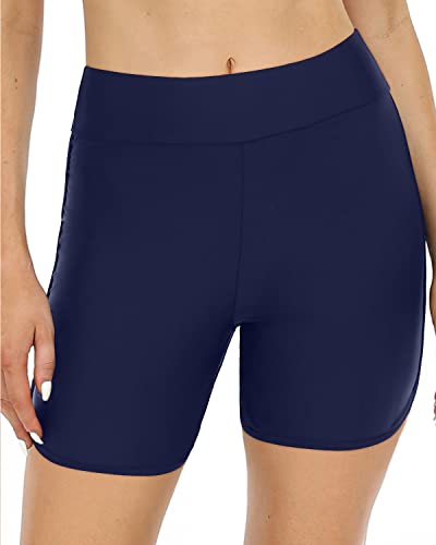 High Waisted Swim Bottoms For Women Tummy Control Boyshorts-Navy Blue