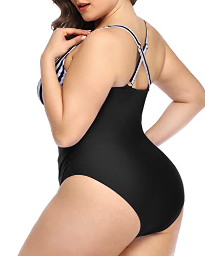 Women's Plus Size One Piece Swimsuit Slimming Tummy Control-Black And White Stripe