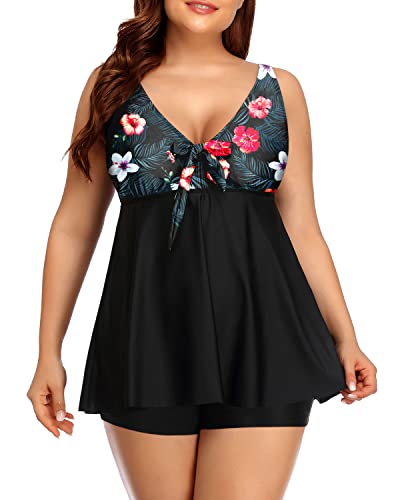 Tankini Swimsuits Shorts And Tummy Control For Women-Black Floral