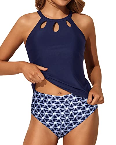 Backless Halter Top & Modest Bottom Tummy Control Two Piece Tankini-Navy Blue Tribal