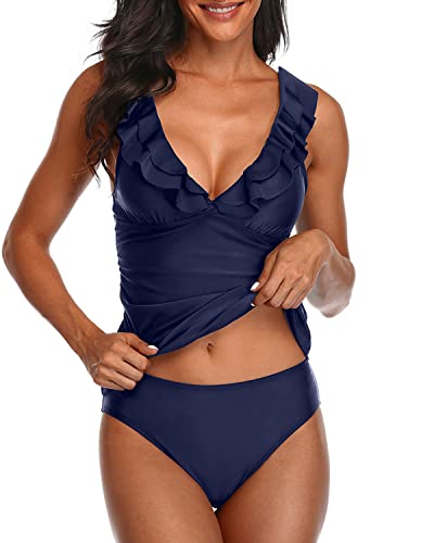 Tummy Control Ruffle Tankini Swimwear For Women-Navy Blue