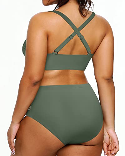 Plus Size Bikini High Waisted Two Piece Bathing Suit Ruched Design-Olive Green