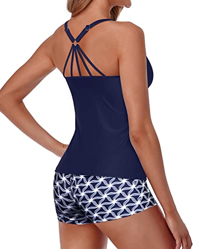 Modest Tankini Top Boy Short 2 Piece Bathing Suits For Women-Navy Blue Tribal