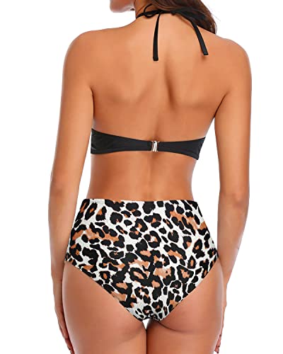 Criss Cross Bathing Suit 2 Piece Swimsuit For Women-Black And Leopard
