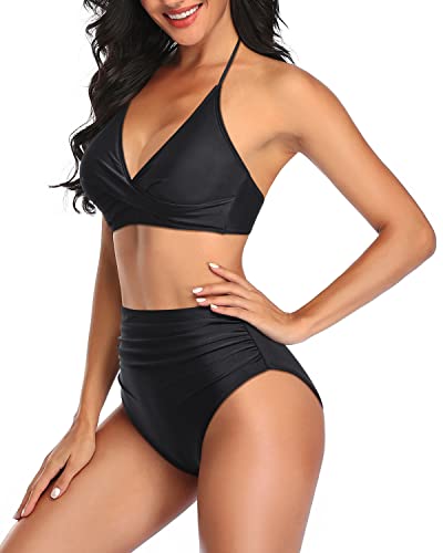 Twist Front Bathing Suit Supportive Halter Top Bikini Sets-Black