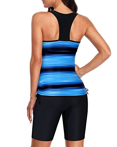 Two Piece Tankini Swimsuit Swim Capris For Women-Blue And Black Stripe