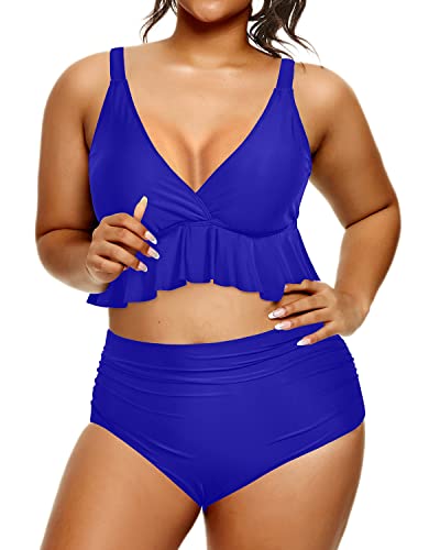 Women Plus Size Two Piece Swimsuits Tummy Control High Waisted Bikini Set-Royal Blue