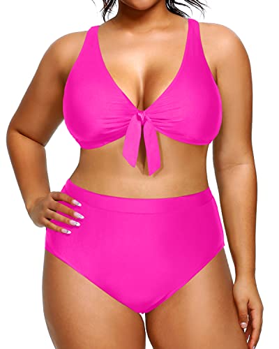 Plus Size Tummy Control Swimwear Bikini High Waisted Two Piece-Neon Pink