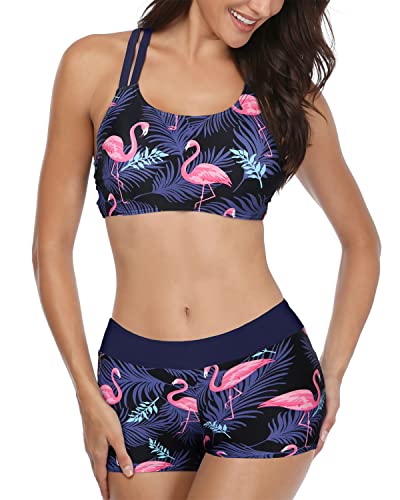 Playful Tankini Bikini Tops For Teen Girls' Swimwear-Blue Flamingo