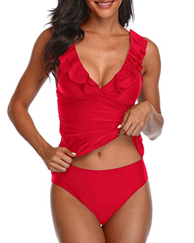 Stylish Shirred Front Tankini Set Tummy Control Swimsuits For Women-Red