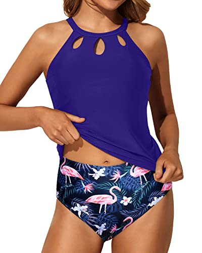Laides Tummy Control Swimsuit 2 Piece High Neck Bathing Suit-Blue Flamingo