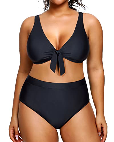 V Neck Plus Size Bikini 2 Piece High Waisted Swimsuits Set-Black