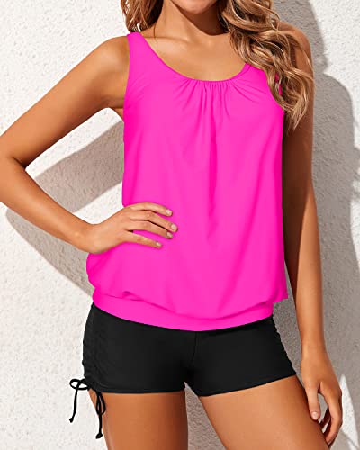 Modest Blouson Tankini Swimsuits For Ladies Comfortable Sports Bras-Neon Pink And Black