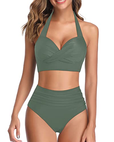 Women's Retro Halter Twist Front Swimwear Bikini Bathing Suits-Army Green