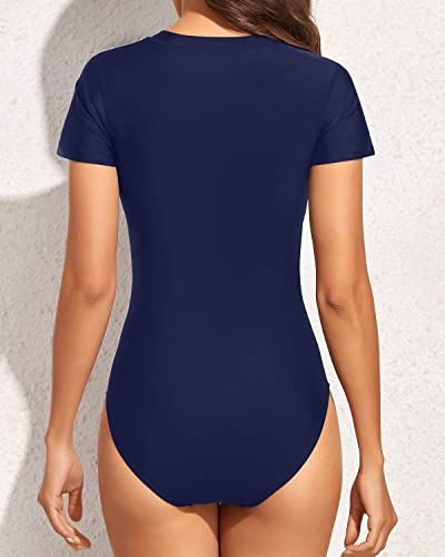 Women's Short Sleeve Rash Guard Zipper Swimsuit Upf 50+-Navy Blue