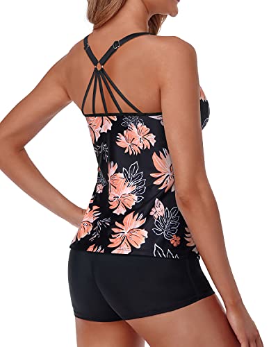 Women's Two Piece Tankini Swimsuits Shorts Tummy Control Bathing Suits-Black Orange Floral