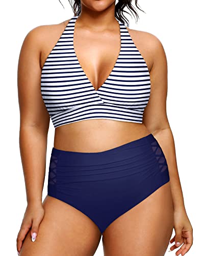 High Waisted Plus Size Swimsuits Ruched Bottoms For Curvy Women-Blue White Stripe