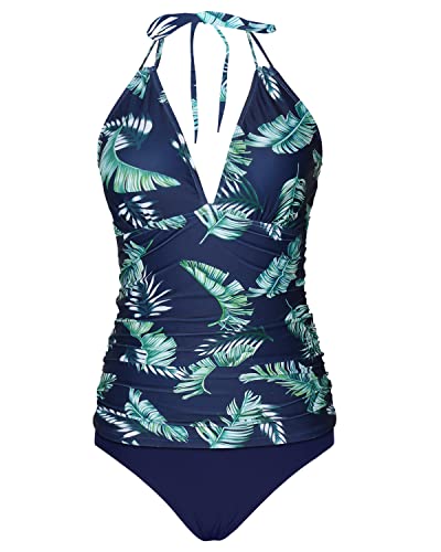 Women's Halter Tankini V Neck Tops & Bikini Bottom Bathing Suit Set-Blue Leaves