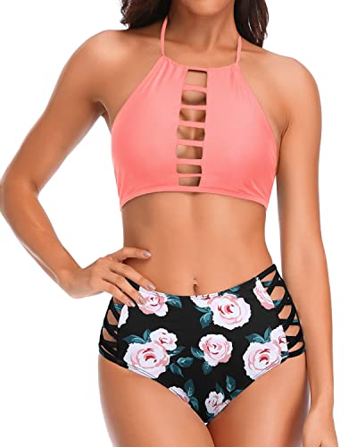 Modest High Neck Bikini Removable Padded Bra For Teens-Coral Pink Floral