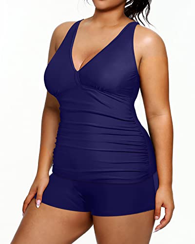 Athletic Women's Plus Size Swimsuits Ruched Tummy Control Two Piece Sets-Navy Blue